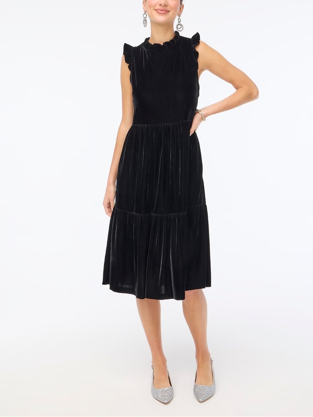 J. Crew Black Velvet Ruffle-Trim Midi Dress